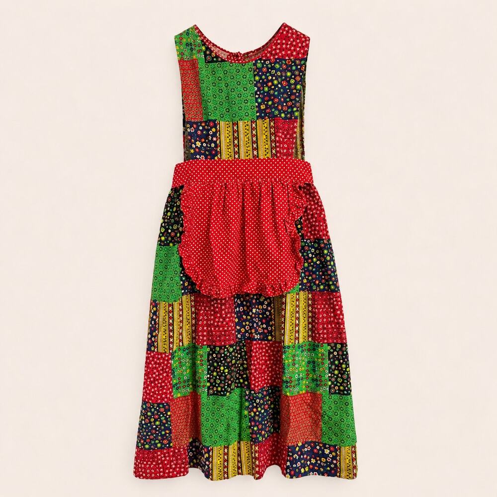 Vintage Design House Apron Pinafore Dress 60 70s Red Green Patchwork Floral O/S
